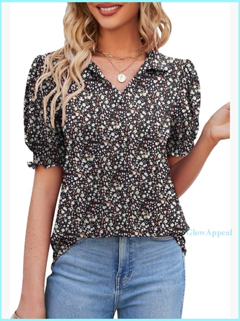 Women's V-Neck Polo Tunic with Puff Sleeves, Regular Fit, Lightweight Fabric - Picture 1 of 7